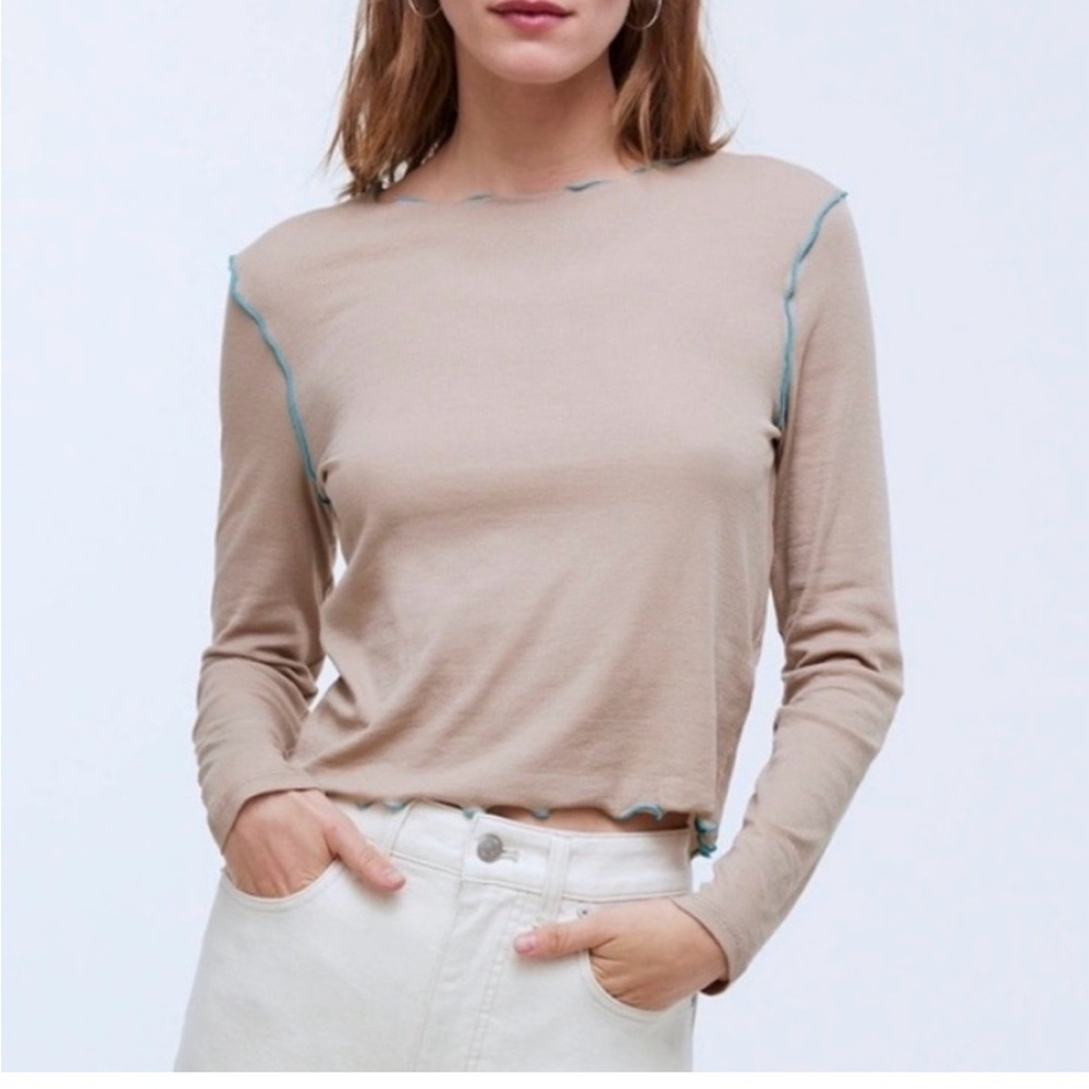 Madewell Tan Long Sleeve Top with Teal Trim